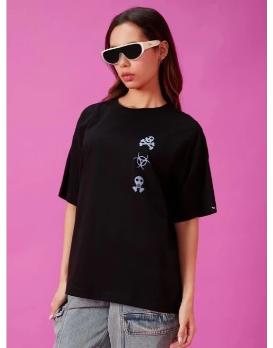 Baskılı Oversize T-shirt - Siyah