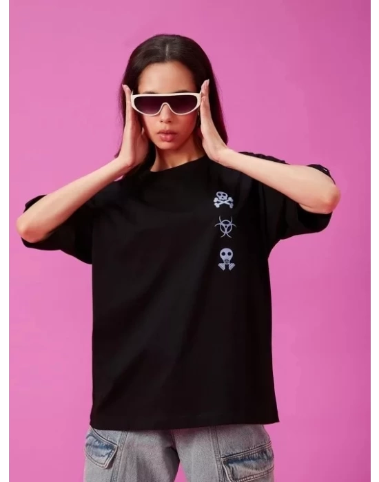 Baskılı Oversize T-shirt - Siyah