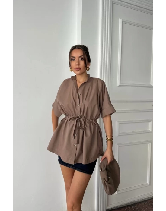 BEL BÜZGÜ DETAYLI POPLİN GÖMLEK - Kahverengi