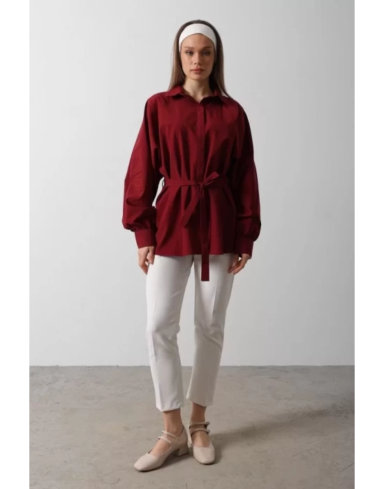 Bel Detaylı Gömlek - Bordo