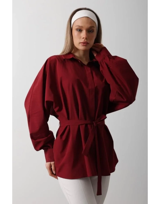 Bel Detaylı Gömlek - Bordo