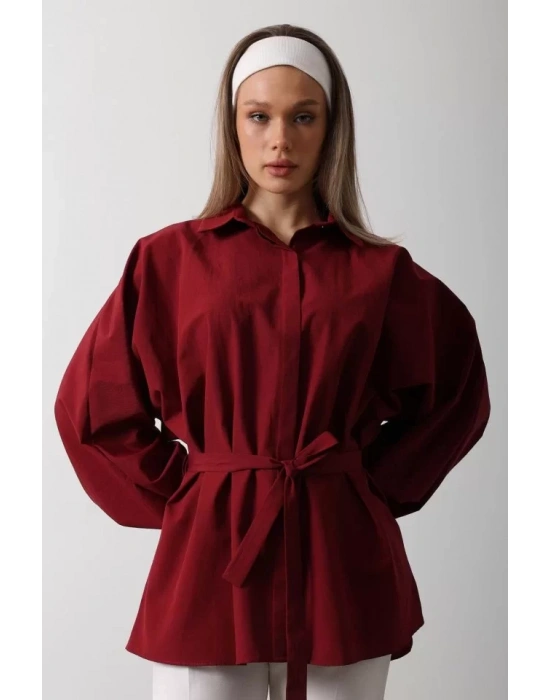 Bel Detaylı Gömlek - Bordo