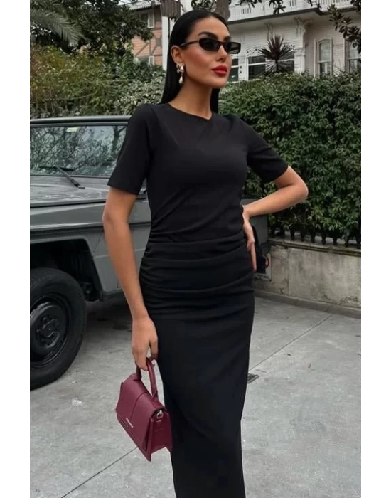 Beli Büzgülü Midi Elbise 2853