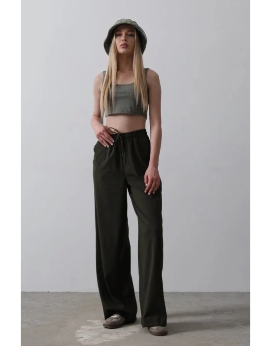 Beli Lastikli Bol Paça Pantolon - Kahve