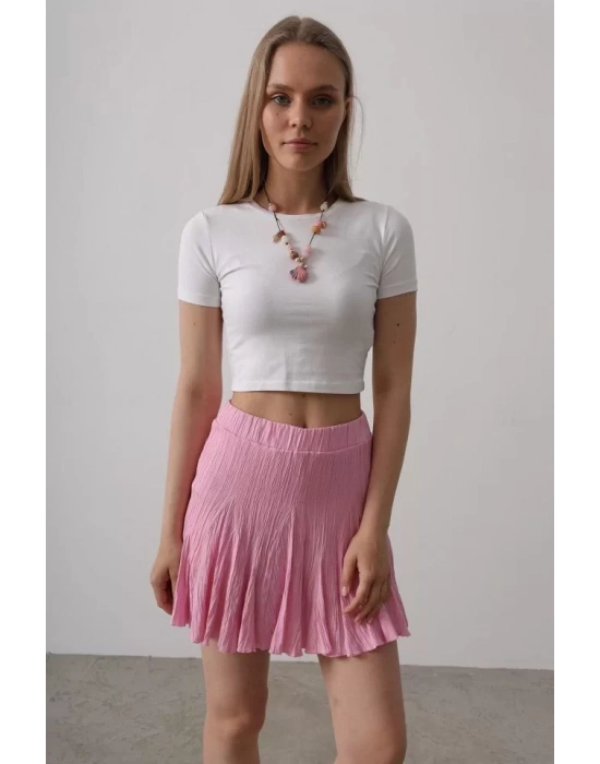 Beli Lastikli Mini Etek - Pembe