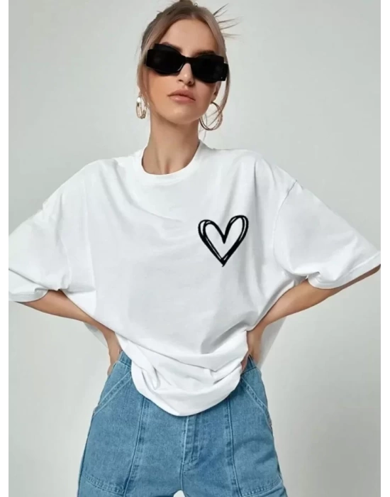 Bisiklet Yaka Baskılı Oversize T-Shirt - Beyaz
