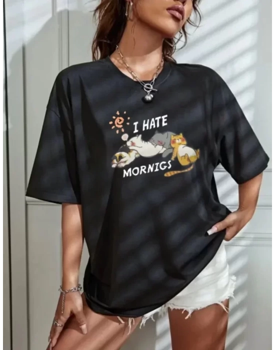 Bisiklet Yaka Baskılı Oversize T-Shirt - Siyah