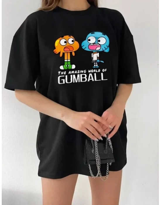 Bisiklet Yaka Baskılı Oversize T-Shirt - Siyah