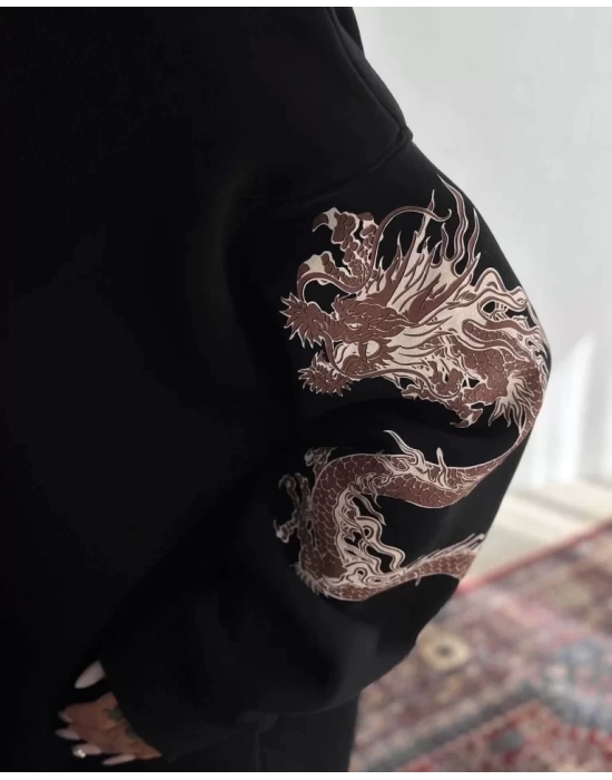 Bisiklet Yaka Baskılı SweatShirt - Siyah