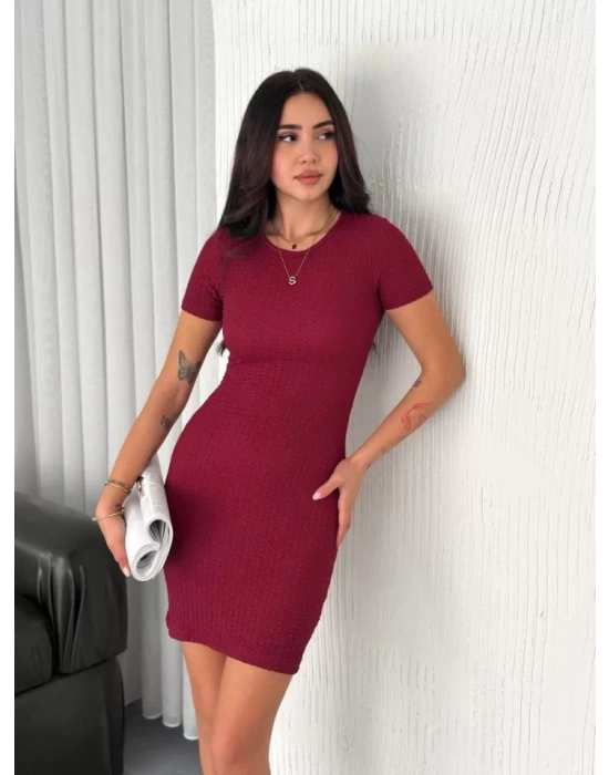 Bisiklet Yaka Kısa Kol Likralı Elbise - Bordo