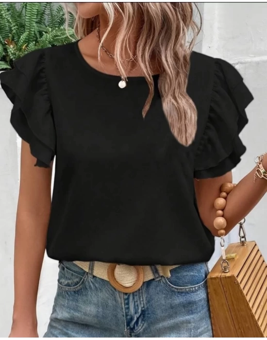 Bisiklet Yaka Kolları Volanlı İthal Krep Bluz