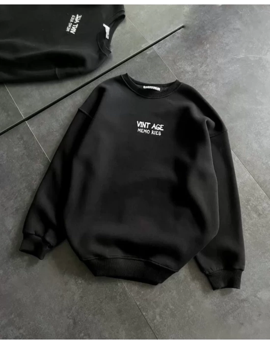 Bisiklet Yaka Üç İplik Baskılı Oversize SweatShirt - Siyah