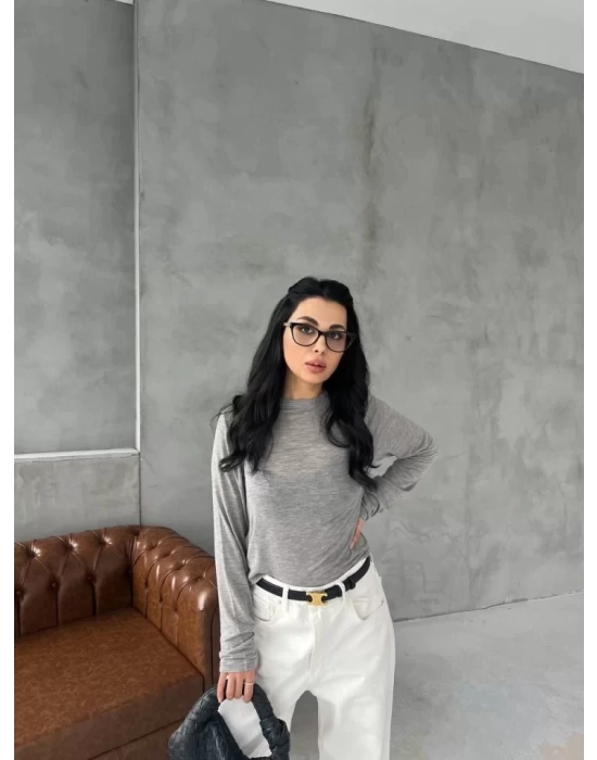 Bisiklet Yaka Uzun Kollu Crop - Gri