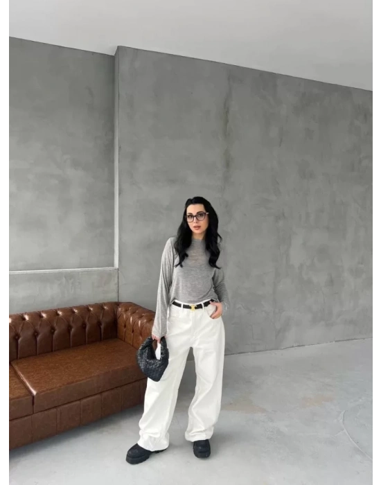 Bisiklet Yaka Uzun Kollu Crop - Gri