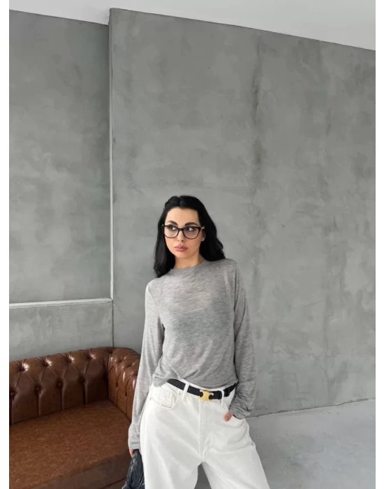 Bisiklet Yaka Uzun Kollu Crop - Gri