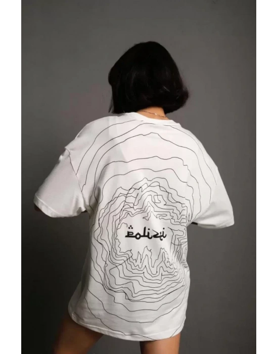 Bisiklet Yakalı Sırt Baskılı Oversize T-Shirt - Beyaz