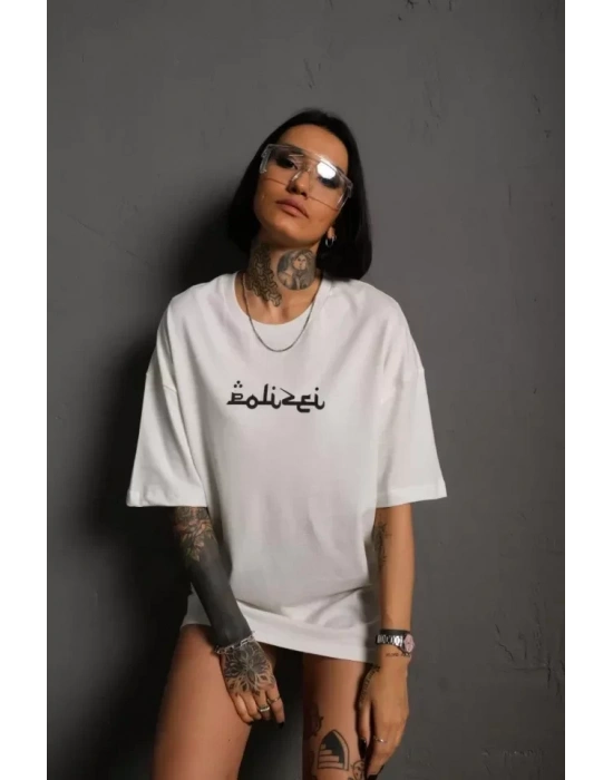 Bisiklet Yakalı Sırt Baskılı Oversize T-Shirt - Beyaz
