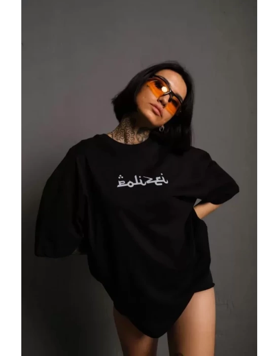 Bisiklet Yakalı Sırt Baskılı Oversize T-Shirt - Siyah