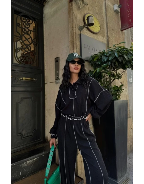 BİYELİ BLUZ PANTOLON TAKIM ŞÖNİL KUMAŞ - Siyah