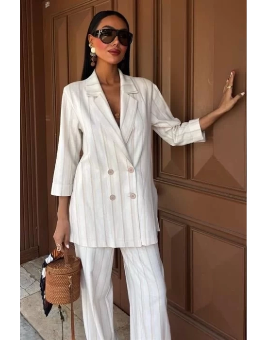 Blazer Ceketli Çizgili Keten Takım 10186
