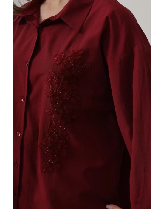 Boncuk Nakış Detaylı Uzun Gömlek - Bordo