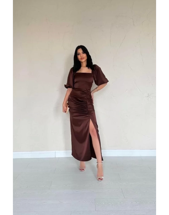 Bordo Büzgülü Saten Elbise
