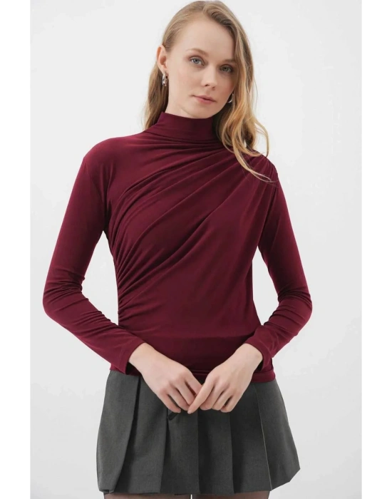 Bordo Sandy Kumaş Drape Bluz