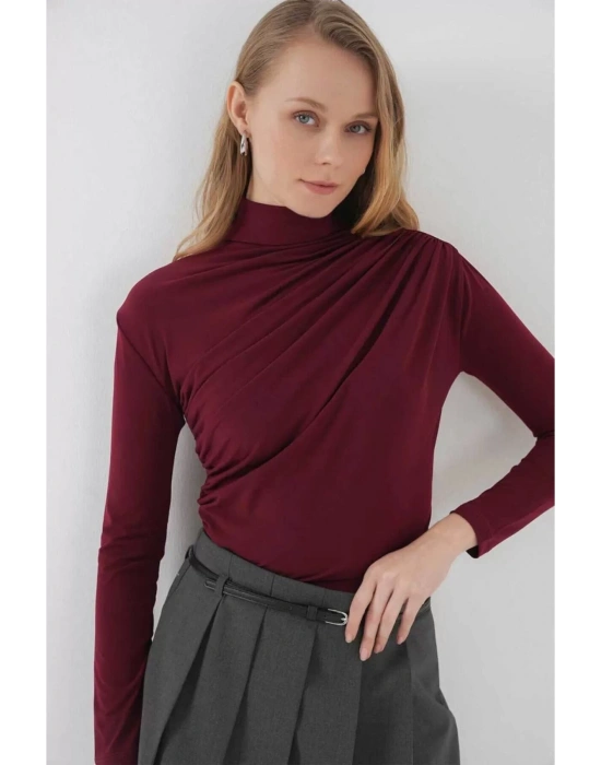 Bordo Sandy Kumaş Drape Bluz
