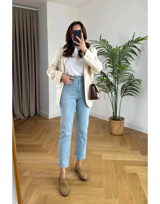 bysoca Kadın Buz Mavi Yüksek Bel Mom Jean Boyfriend Kalıp Kot Pantolon