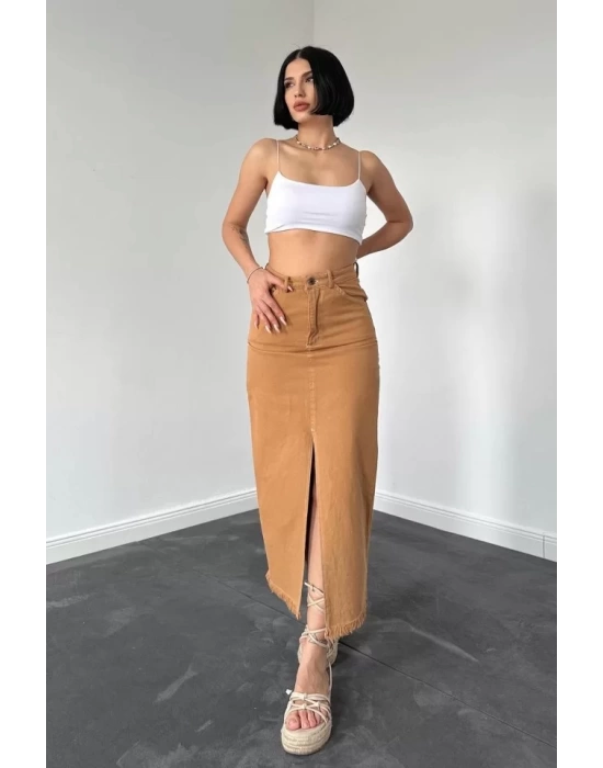Camel Gabardin Boyamalı Püsküllü Etek