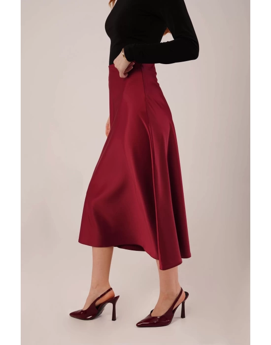 Çan Kesim Midi Bordo Saten Etek