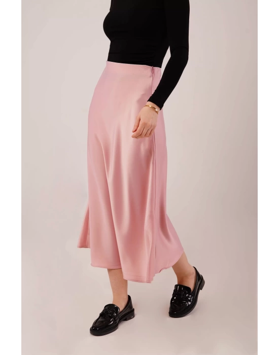 Çan Kesim Midi Pembe Saten Etek