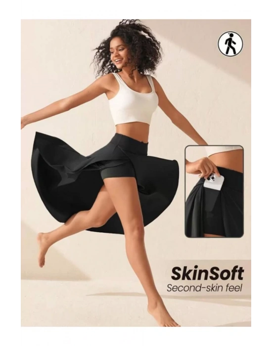 bysoca Kadın Siyah Yüksek Bel Cepli Şortlu Asimetrik Yandan Yırtmaçlı Uzun Yoga Spor Etek