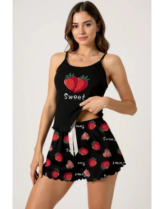 Çilek Baskılı Siyah Askılı Şortlu Pijama Takımı
