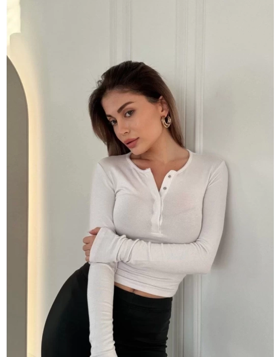 Cıt Cıt Detaylı Uzun Kollu Crop - Beyaz