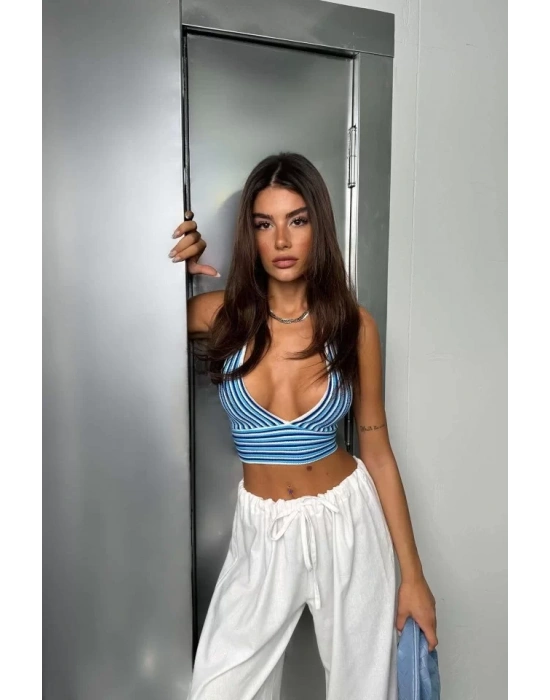 Çizgili Boyun Bağlamalı Crop