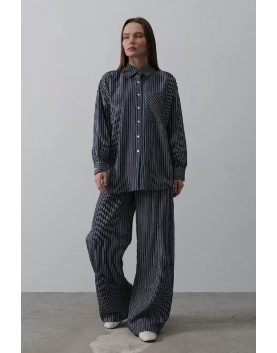 Çizgili Cep Detaylı Oversize Takım - Bebe Mavisi