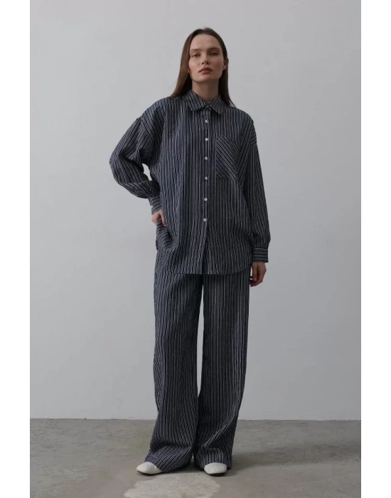 Çizgili Cep Detaylı Oversize Takım - Bebe Mavisi