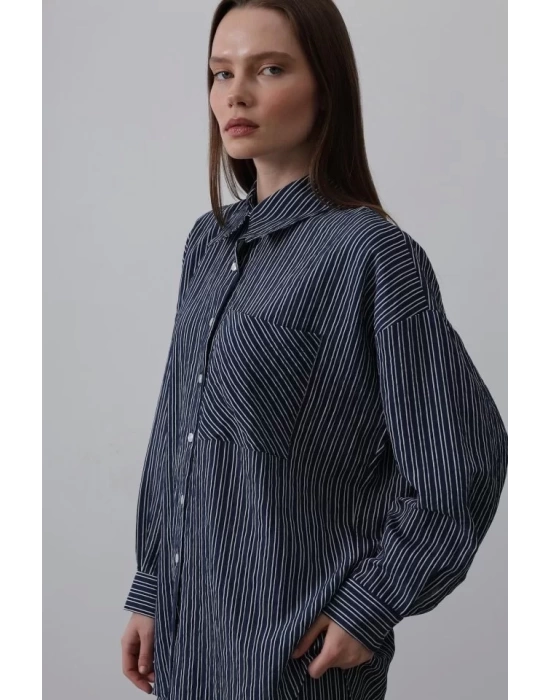 Çizgili Cep Detaylı Oversize Takım - Bebe Mavisi