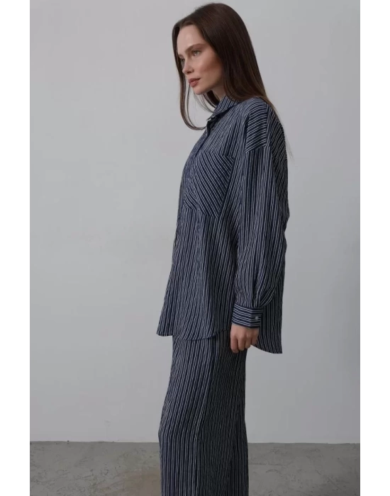 Çizgili Cep Detaylı Oversize Takım - Bebe Mavisi