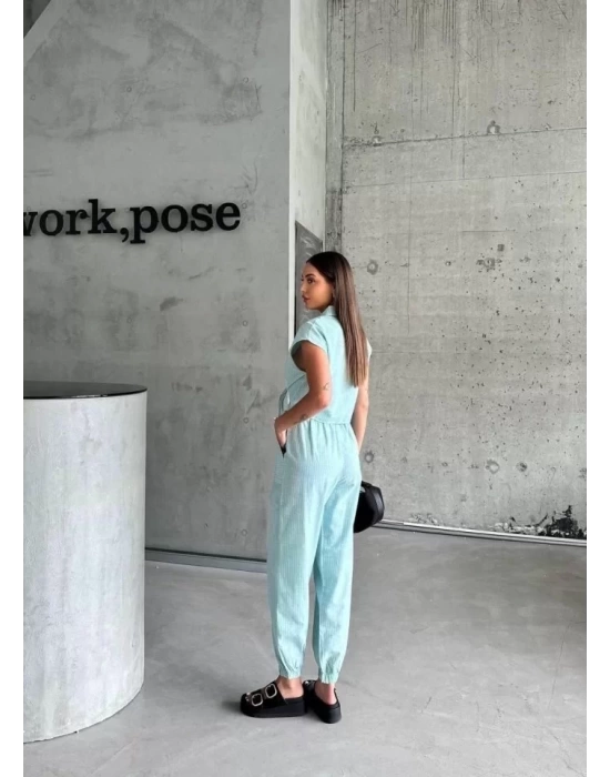ÇİZGİLİ KETEN KOLSUZ CROP PANTOLON TAKIM - Yeşil