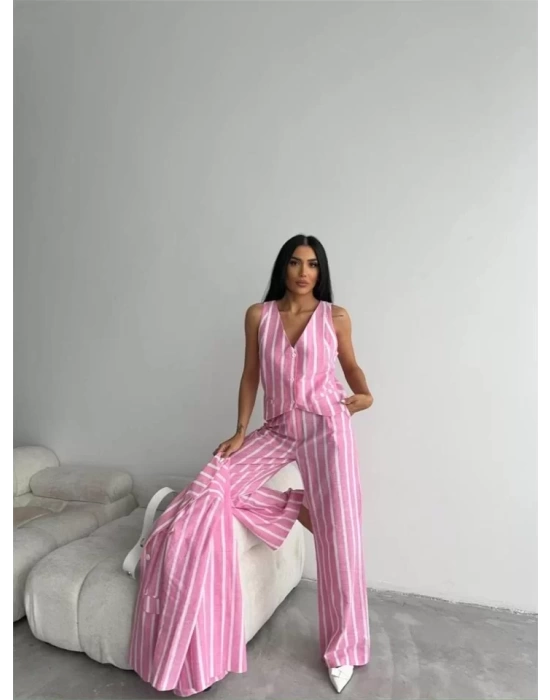 ÇİZGİLİ KETEN YELEK-PANTOLON TAKIM - Pembe
