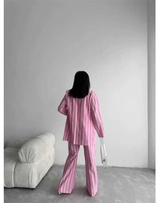 ÇİZGİLİ KETEN YELEK-PANTOLON TAKIM - Pembe