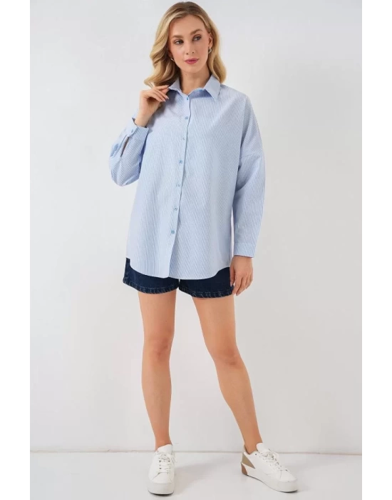 Çizgili Oversize Gömlek 20332 - Açık Mavi