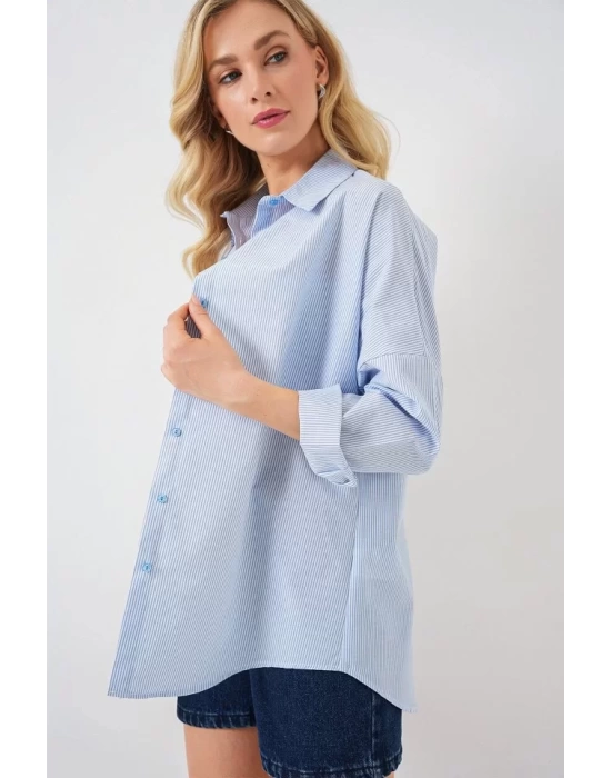 Çizgili Oversize Gömlek 20332 - Açık Mavi