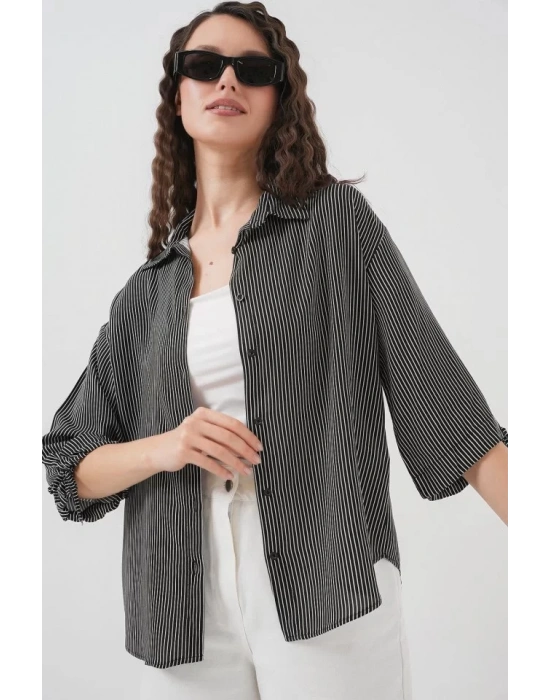 Çizgili Oversize Kısa Kol Gömlek 20296 - Siyah