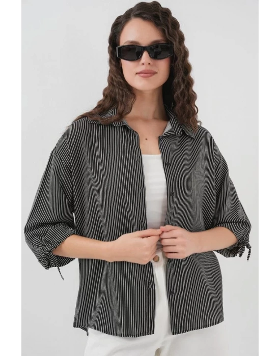 Çizgili Oversize Kısa Kol Gömlek 20296 - Siyah