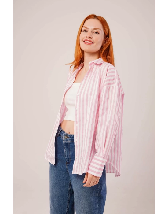 Çizgili Rahat Kesim Pembe Gömlek