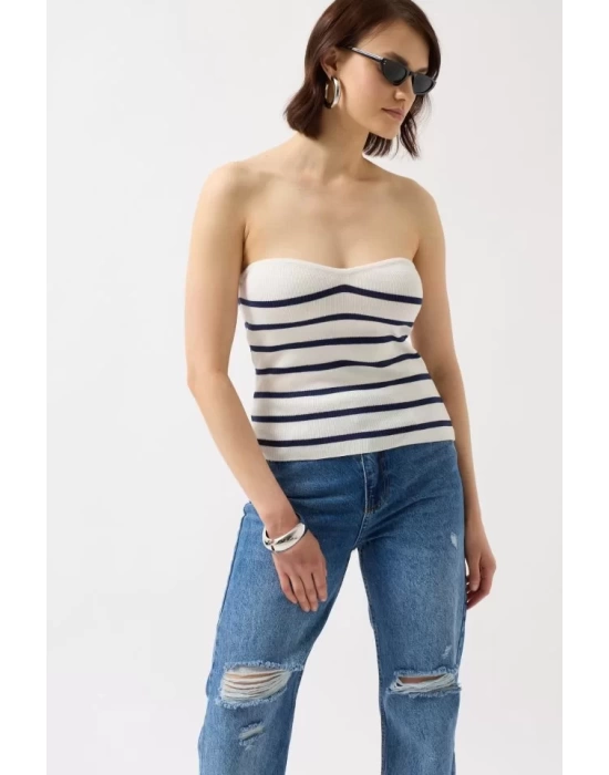 Çizgili Straplez Dokulu Bluz