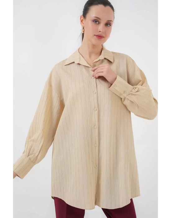 Çizgili Uzun Gömlek Tunik 5963 - Bej